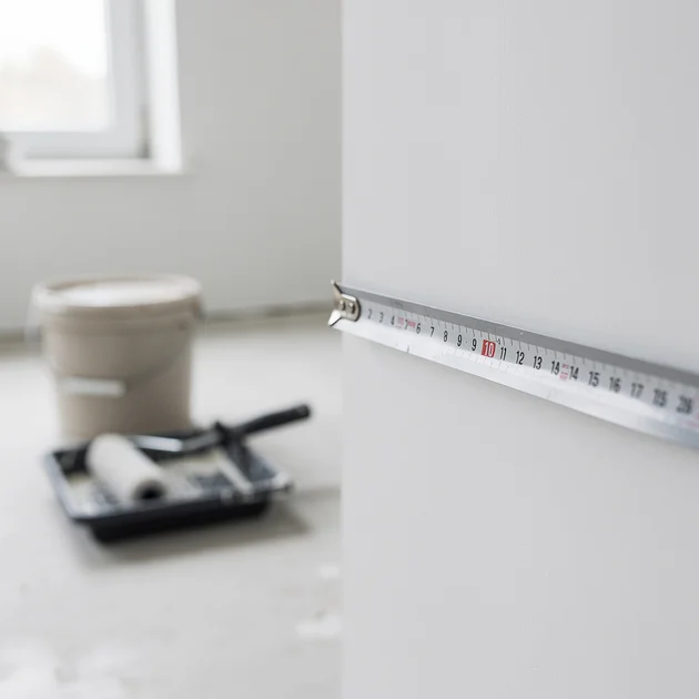 Ruletă întinsă pe un perete alb, cu o găleată de vopsea și un tăviță pentru role în fundal.
