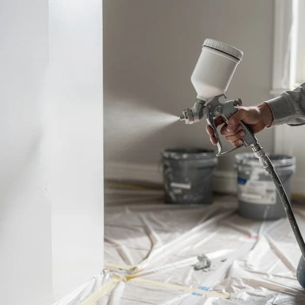 Pulverizator airless aplicând vopsea albă uniform pe perete interior, cu perdea fină de vopsea vizibilă.