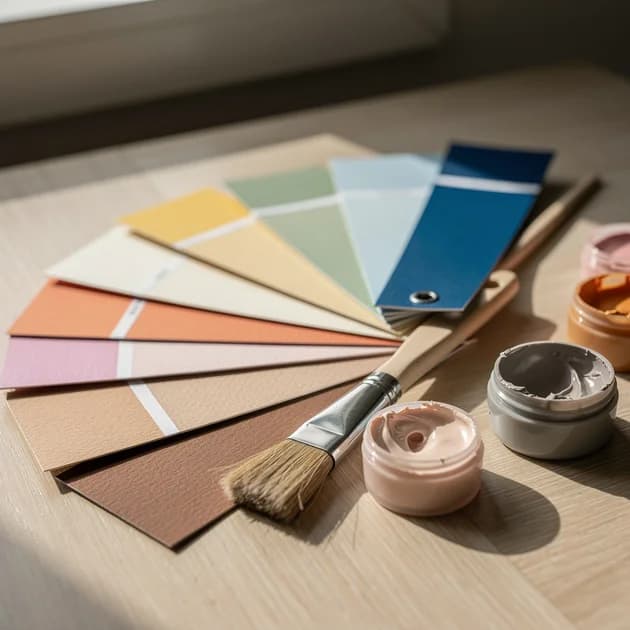 Mostre de vopsea colorate și pensulă pe masă, lumina naturală creând umbre delicate.