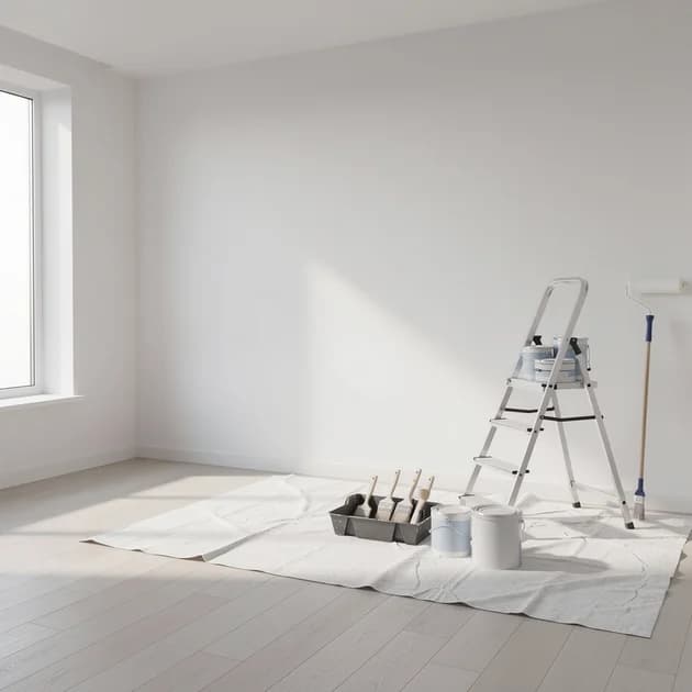 Cameră modernă goală cu pereți albi și echipament de zugrăvit pregătit în colț sub lumină naturală.