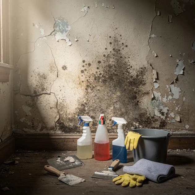 Perete interior deteriorat cu pete de mucegai și vopsea exfoliată, lângă unelte profesionale pentru renovare.