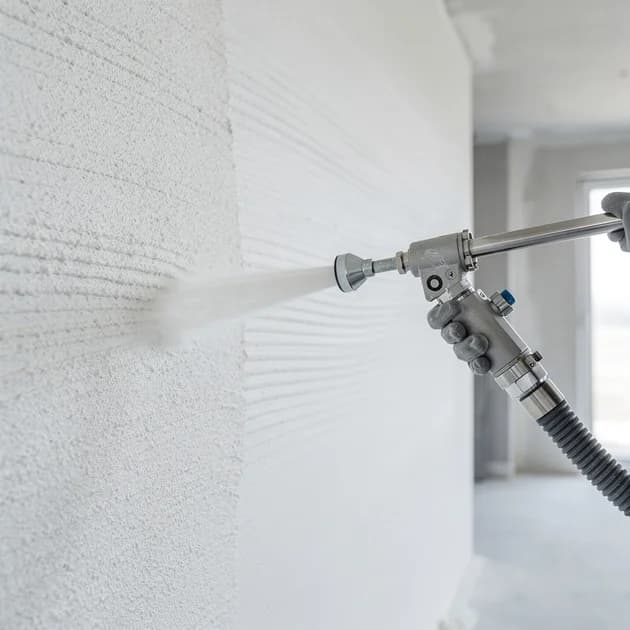 Echipament mecanizat aplicând glet uniform pe un perete interior, textura netedă și echipamentul profesional vizibile