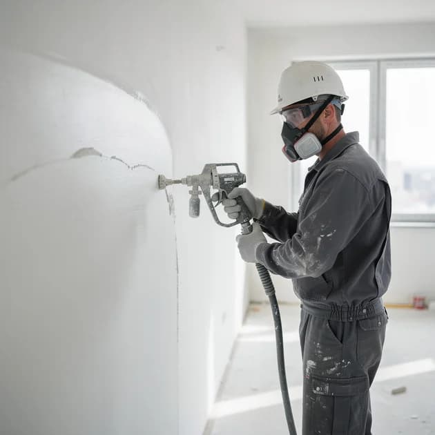 Muncitor aplicând glet mecanizat pe un perete interior alb, cu echipament profesional și haine de lucru.
